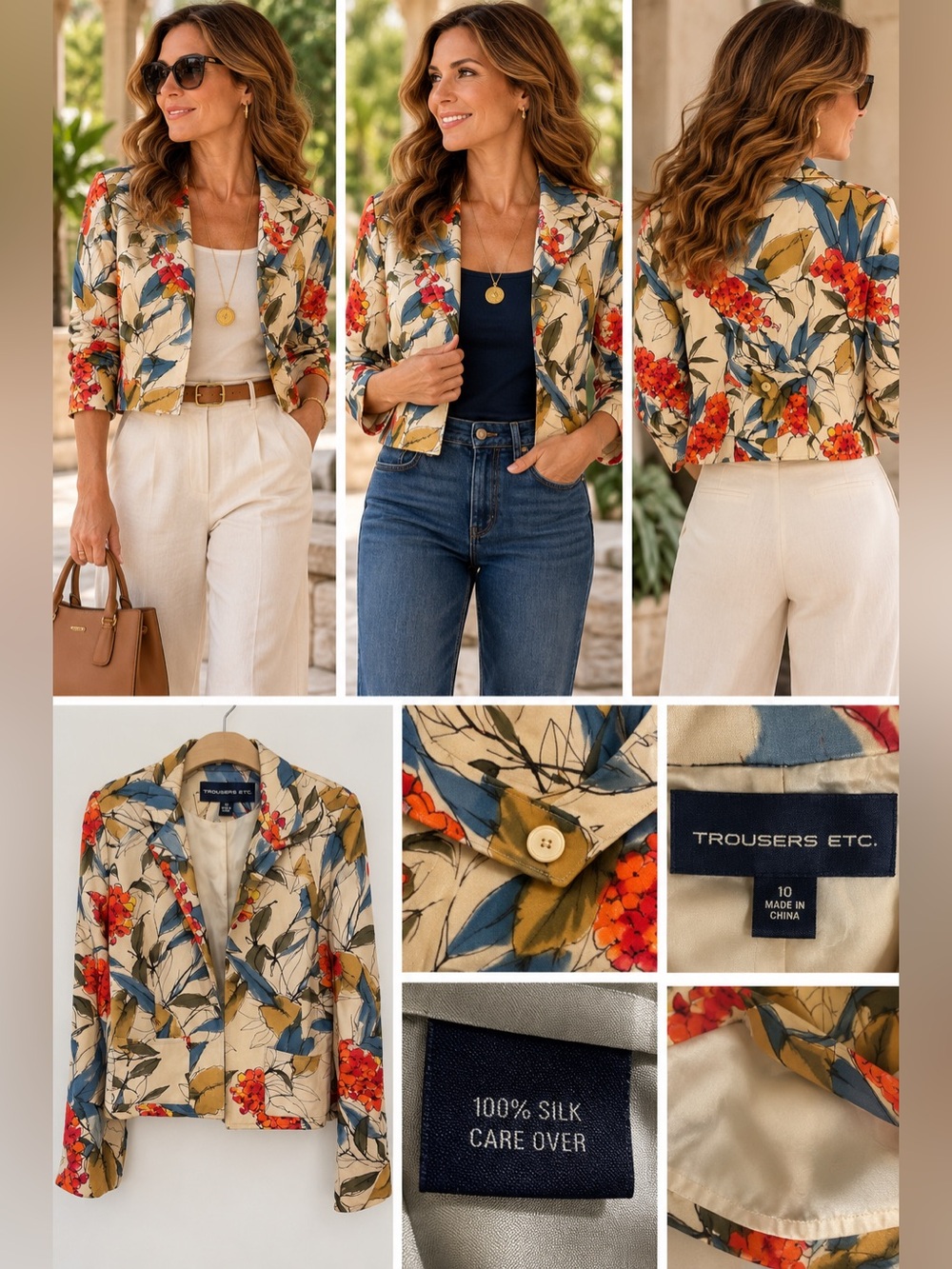 Trousers Etc 100% Silk Abstract Floral Cropped Jacket Blazer Size 10